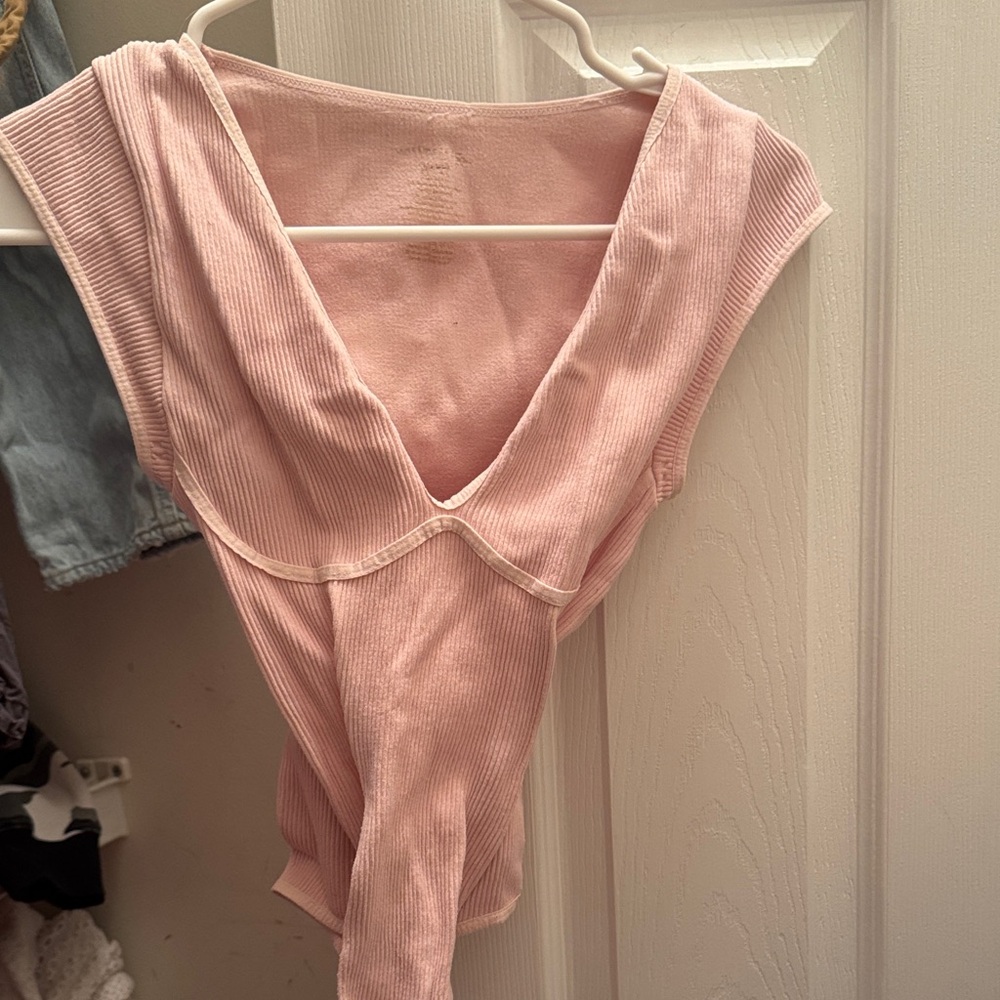 Free People Blush Ribbed V-Neck Top